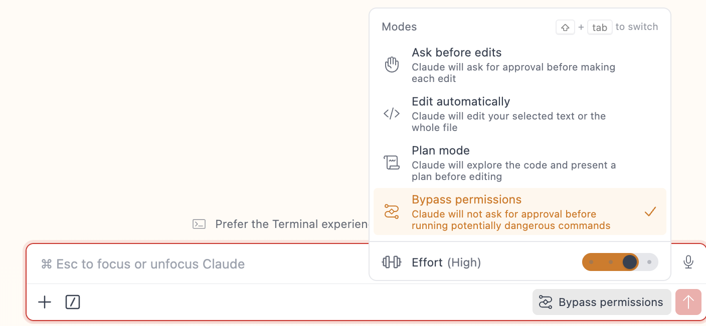 Меню режимов Claude Code с Bypass permissions